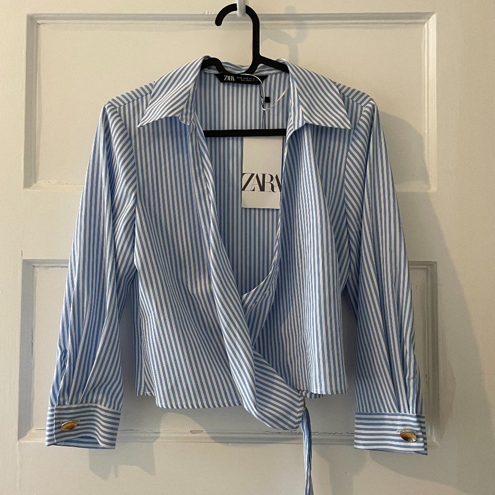 Zara blue striped wrap crop top NWT